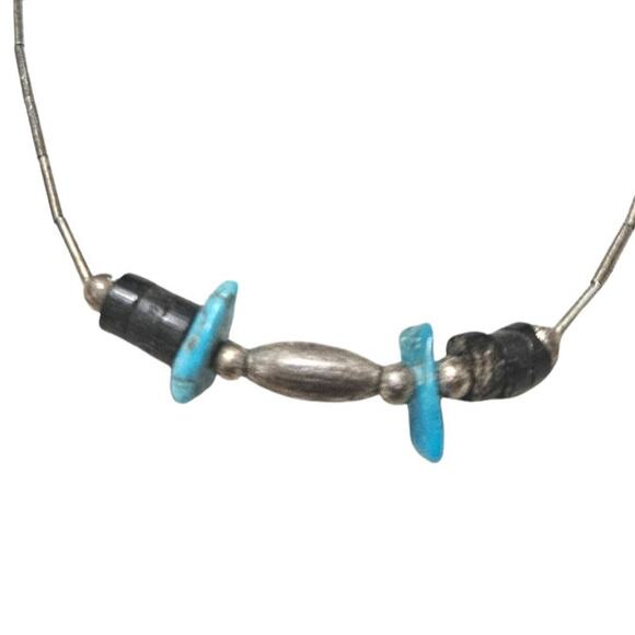 1970s Sterling Silver Liquid +  Turquoise Stones Bohemian Hippy Necklace - Picture 4 of 4